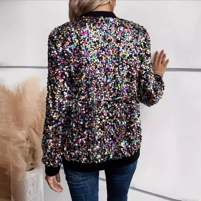 Womens Elegant Fashionable Long Sleeve Jacket With Colorful Sequins