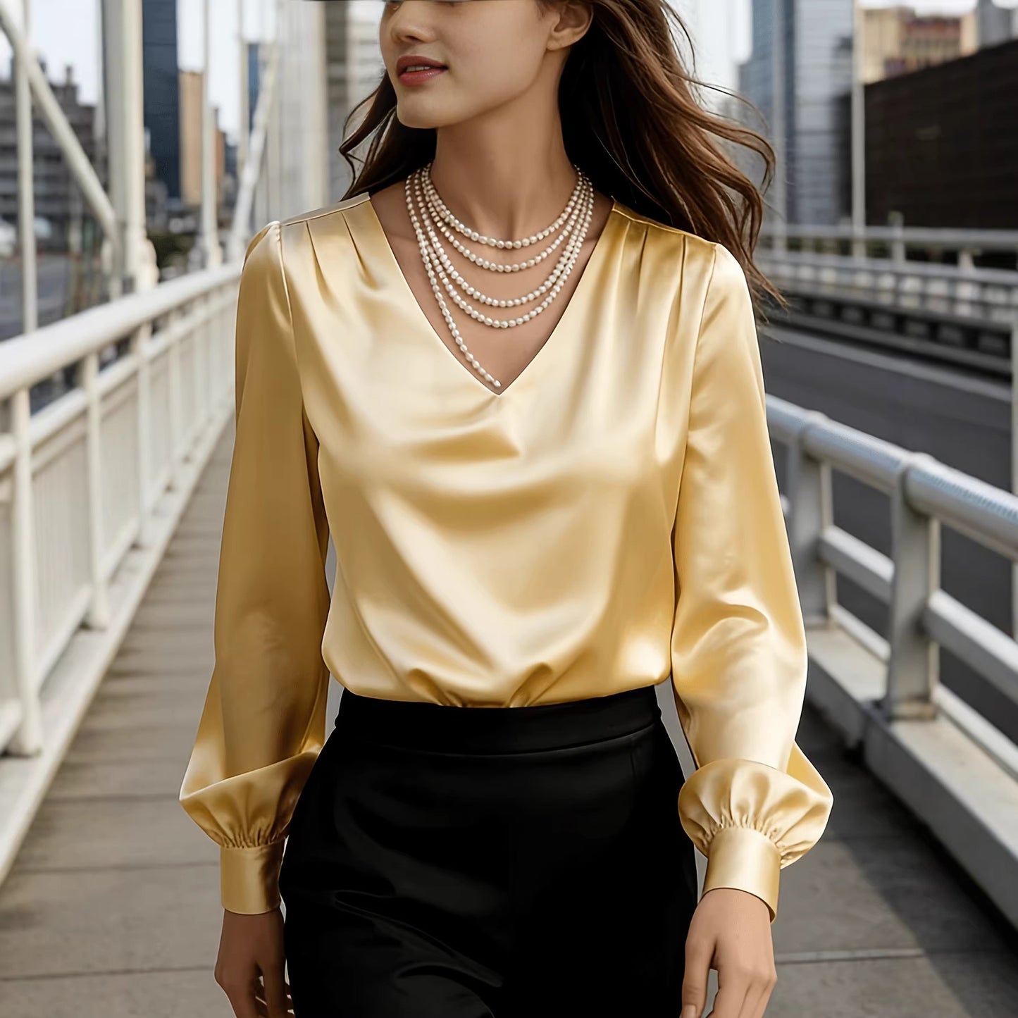 Women's Elegant Solid Color V-neck Long Sleeved Pleated Top With Temperament For Commuting And Loose Fitting Shirt