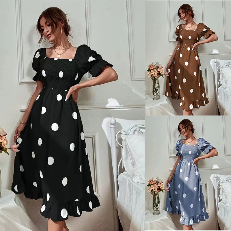 Big Round Dot Slim Fitting Sweet Ruffled Short Sleeved Dress