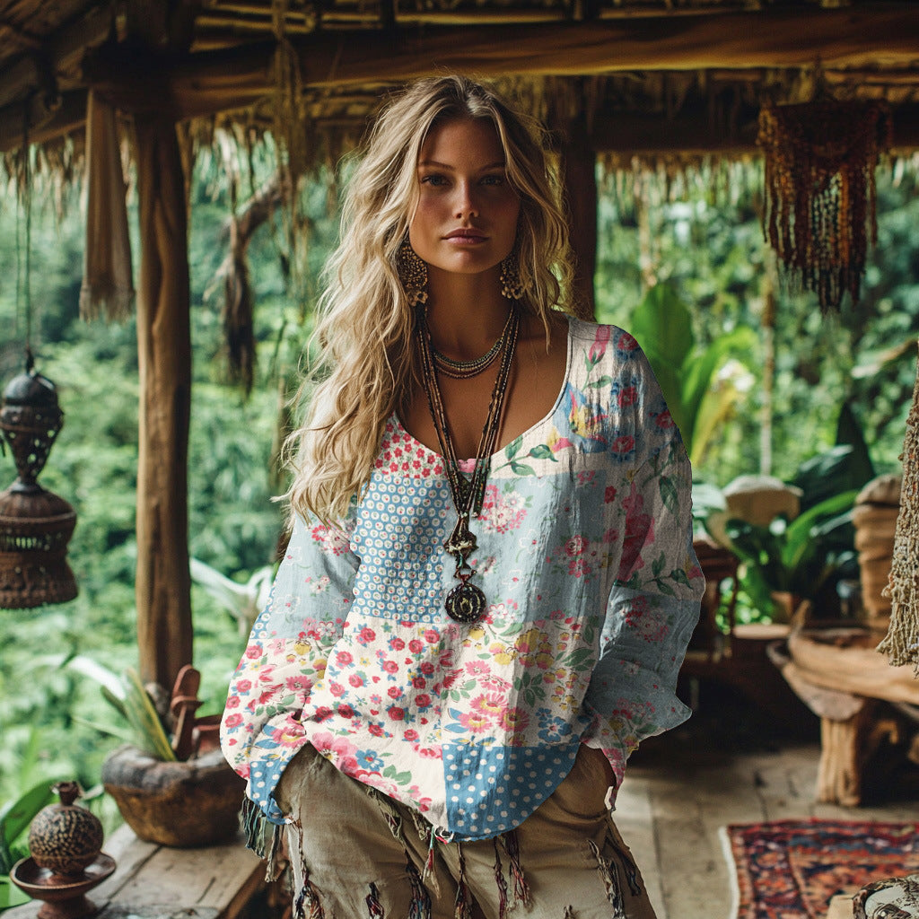 Digital Print Women's Round Neck Retro Bohemian Top