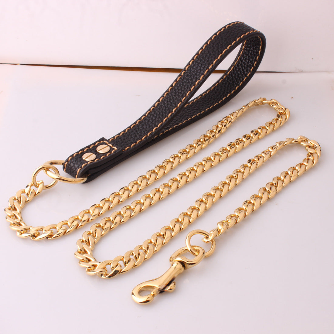Gold Stainless Steel Full Welded NK Chain Leather Traction Rope