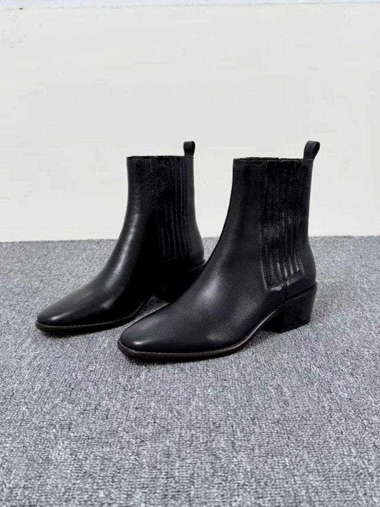 Mid-heel Chunky-heel Retro Square-toe Matte Leather Womens Boots