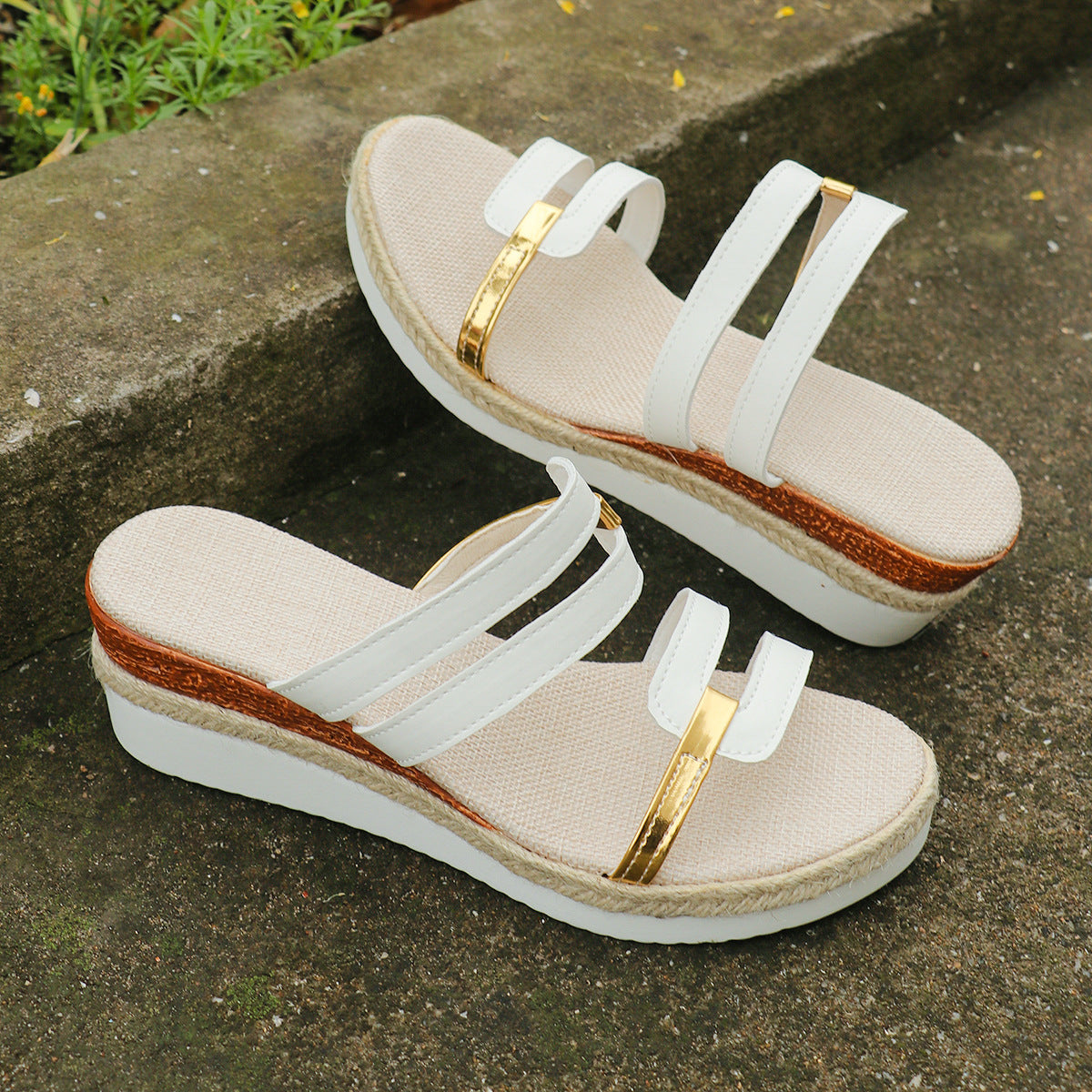 Colorblock-strop Kilehæl Sandaler Sommer Mode Hamp Hæl Slides Tøfler Udendørs Tyk Bund Fiskehals Sko til Kvinder