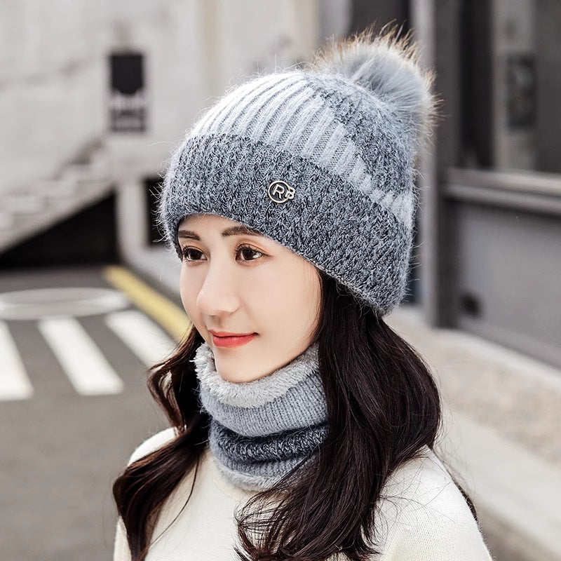 Cycling Warm With Velvet Cold-proof Women's Winter Cotton-padded Cap Scarf Set