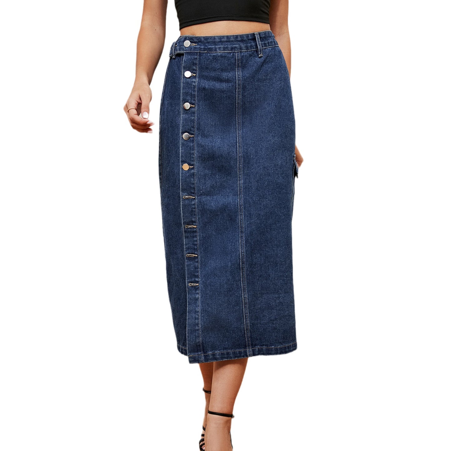 Europæiske og amerikanske hotte piger halv-elastisk denim-cargo-nederdel