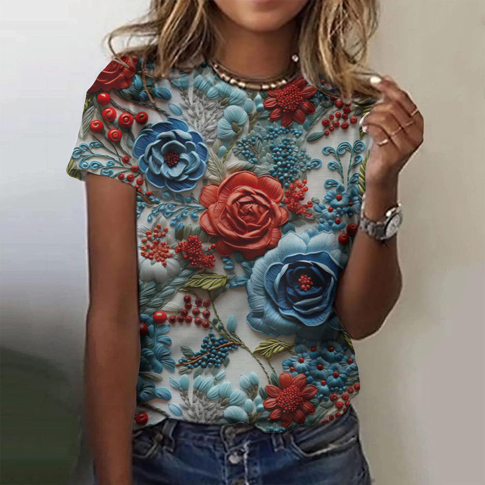 Floral Print Women's T-shirt Short Sleeve Casual Round Neck T-shirt Summer Ladies