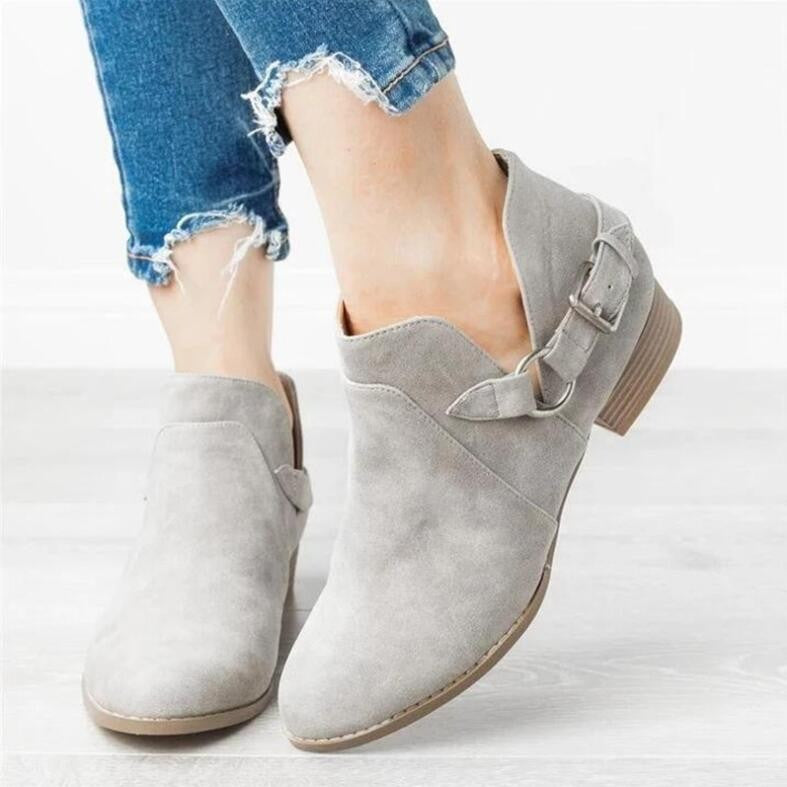 Ladies' Leather Boots With Low Tube Belt Buckle