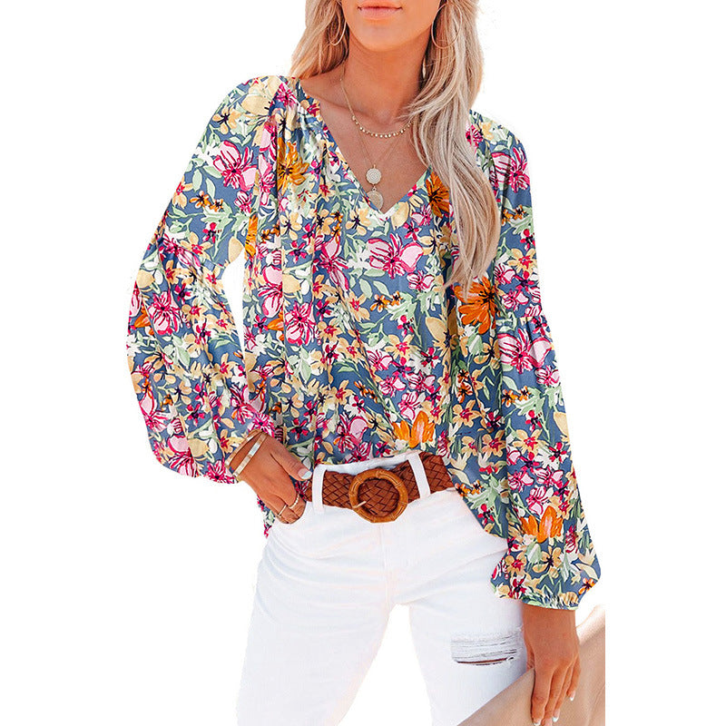Dames Floral Chiffon Skjorte Løs V-hals Casual Top