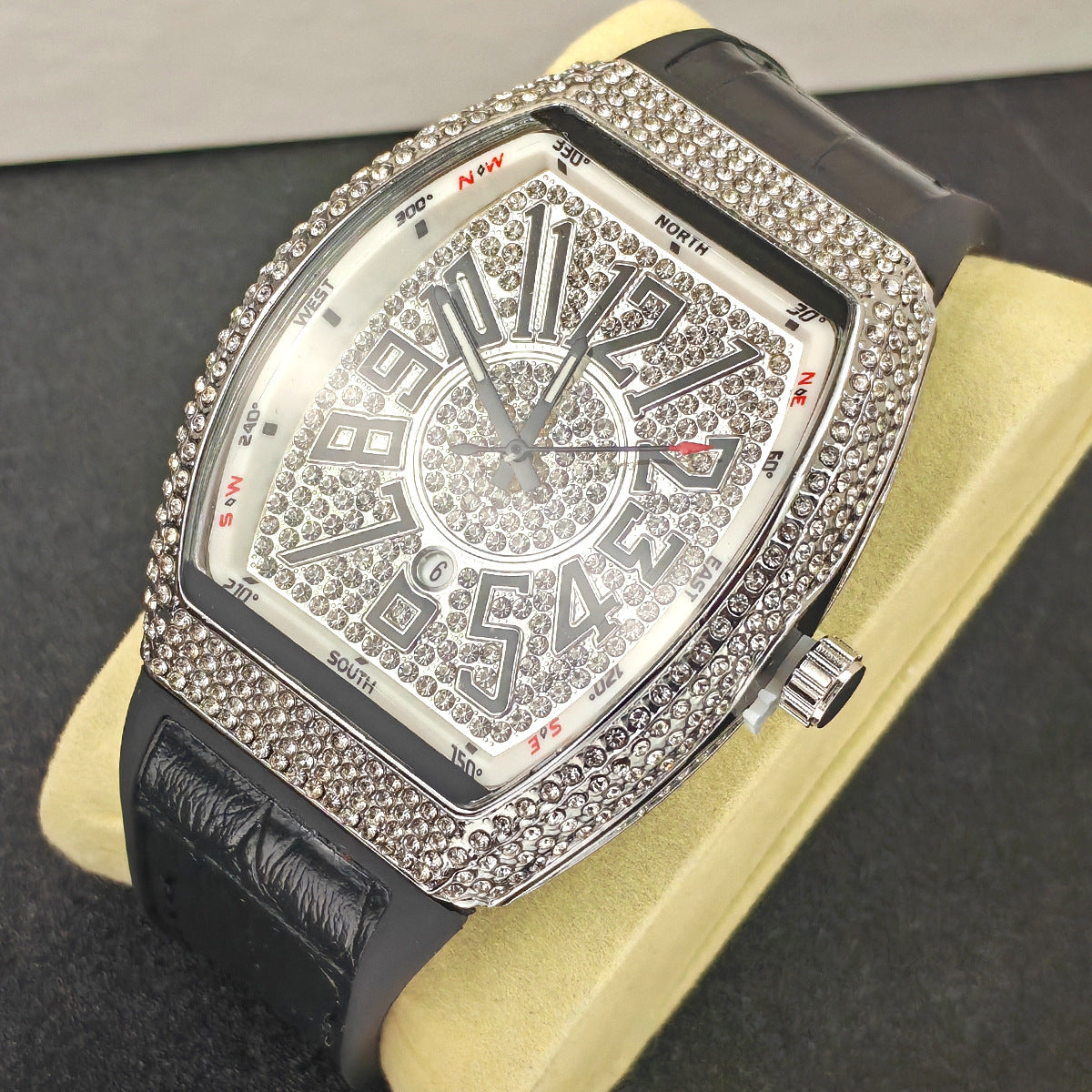 Barrel-shaped Minimalist Wristwatch Leather Strap Diamond Accents Quartz Watch