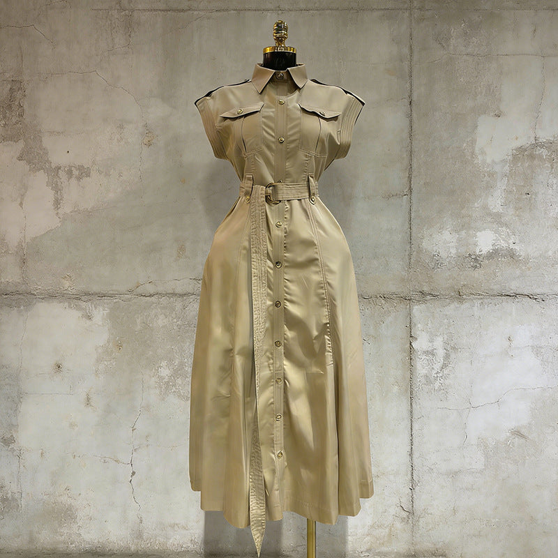Fashionable Lapel Single-breasted Pocket-designed Sleeveless Maxi Dress