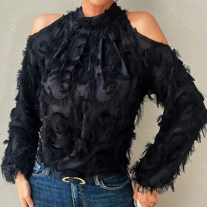 Fransk-inspireret langærmet off-shoulder bluse med frynser til hverdagsbrug