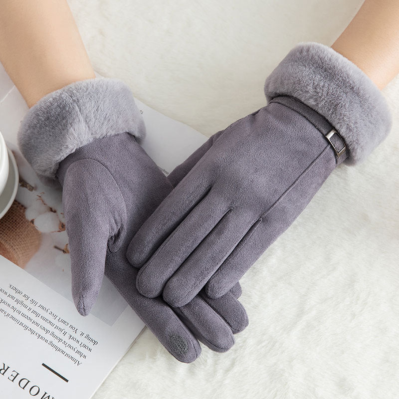 Suede warm gloves double layer plus velvet thick wind and cold riding touch screen gloves