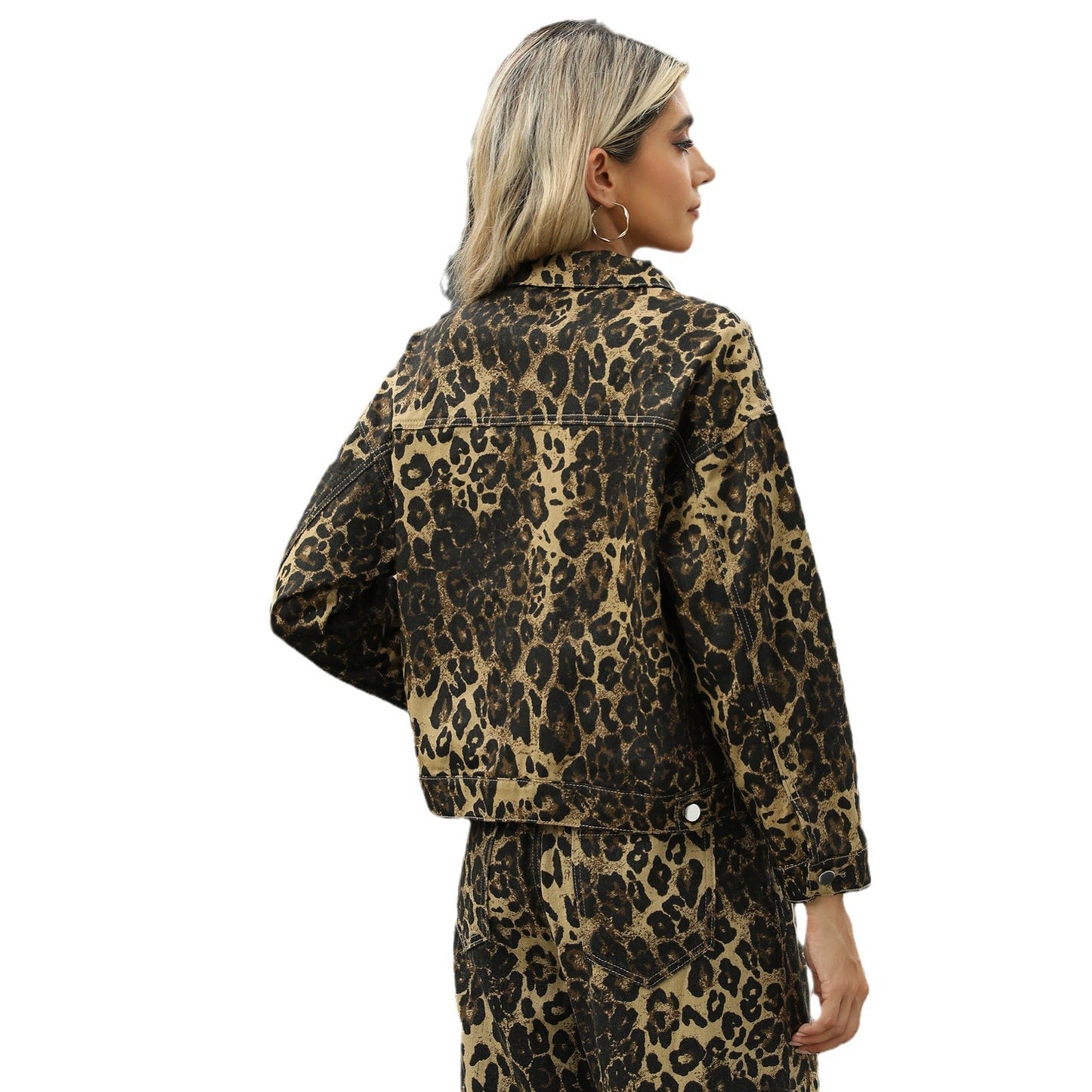 Washed Leopard Print Denim Coat Jacket