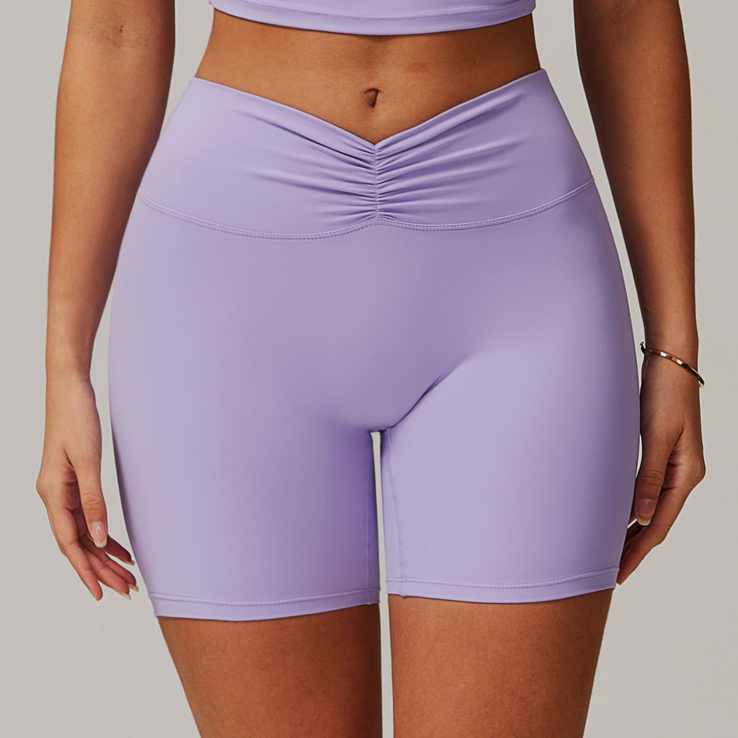 Peach Pleated Hip Raise Yoga Pants High Waist Belly Wrap