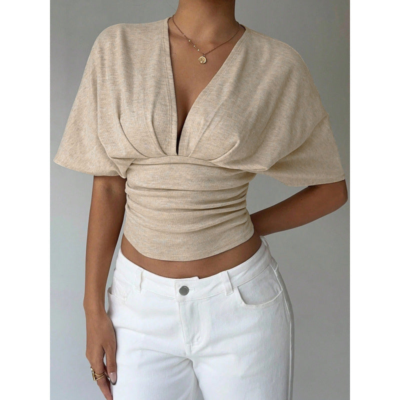 Womens Light Gray V-Neck Knotted Short-Sleeve Top