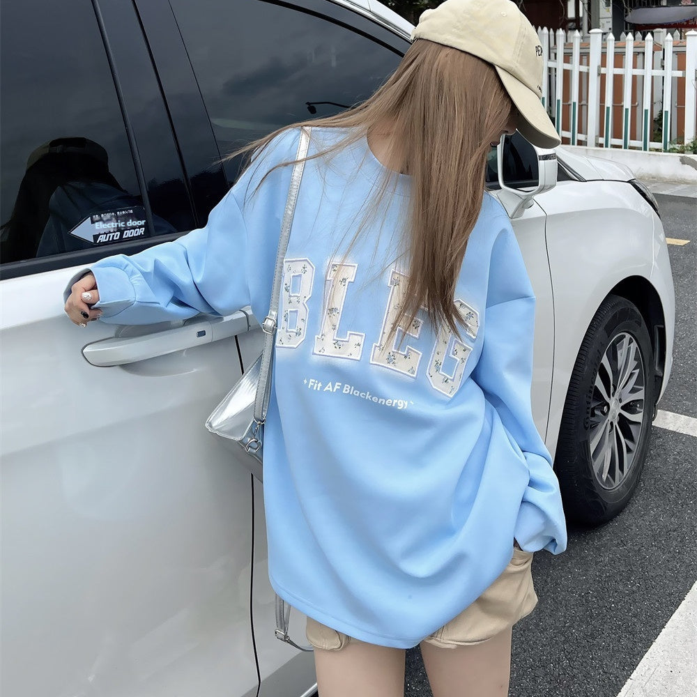 Women's Floral Paste Cloth Embroidery Letter Crew Neck Sweatshirt