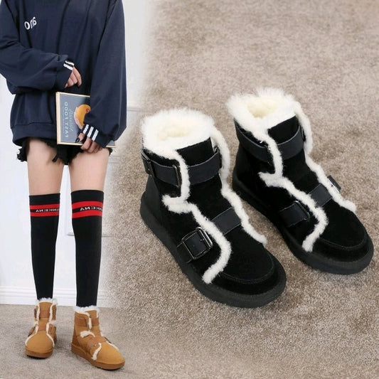 Female Fashion Belt Buckle Short Tube Velvet Martin Boots