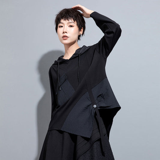 Spring And Autumn Hooded Irregular Stitching Long Sleeve Casual Sweatshirt