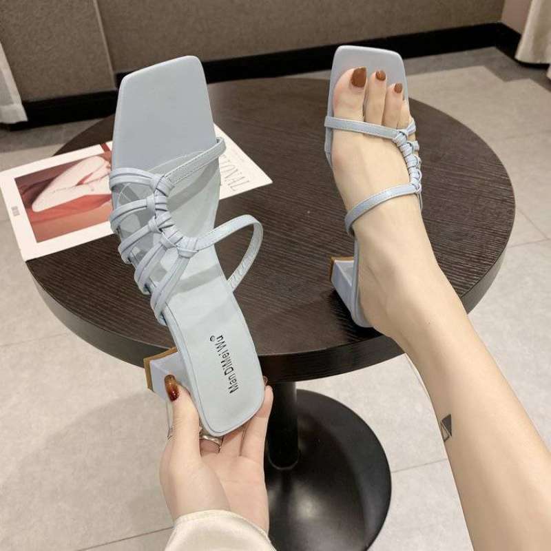 Thin Belt Net Red High Heels Thick Heel Square Heel Woven Half Slippers