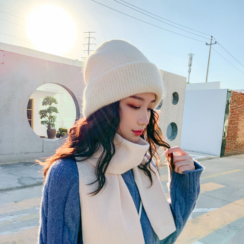 Rabbit fur thick warm woolen hat and scarf set