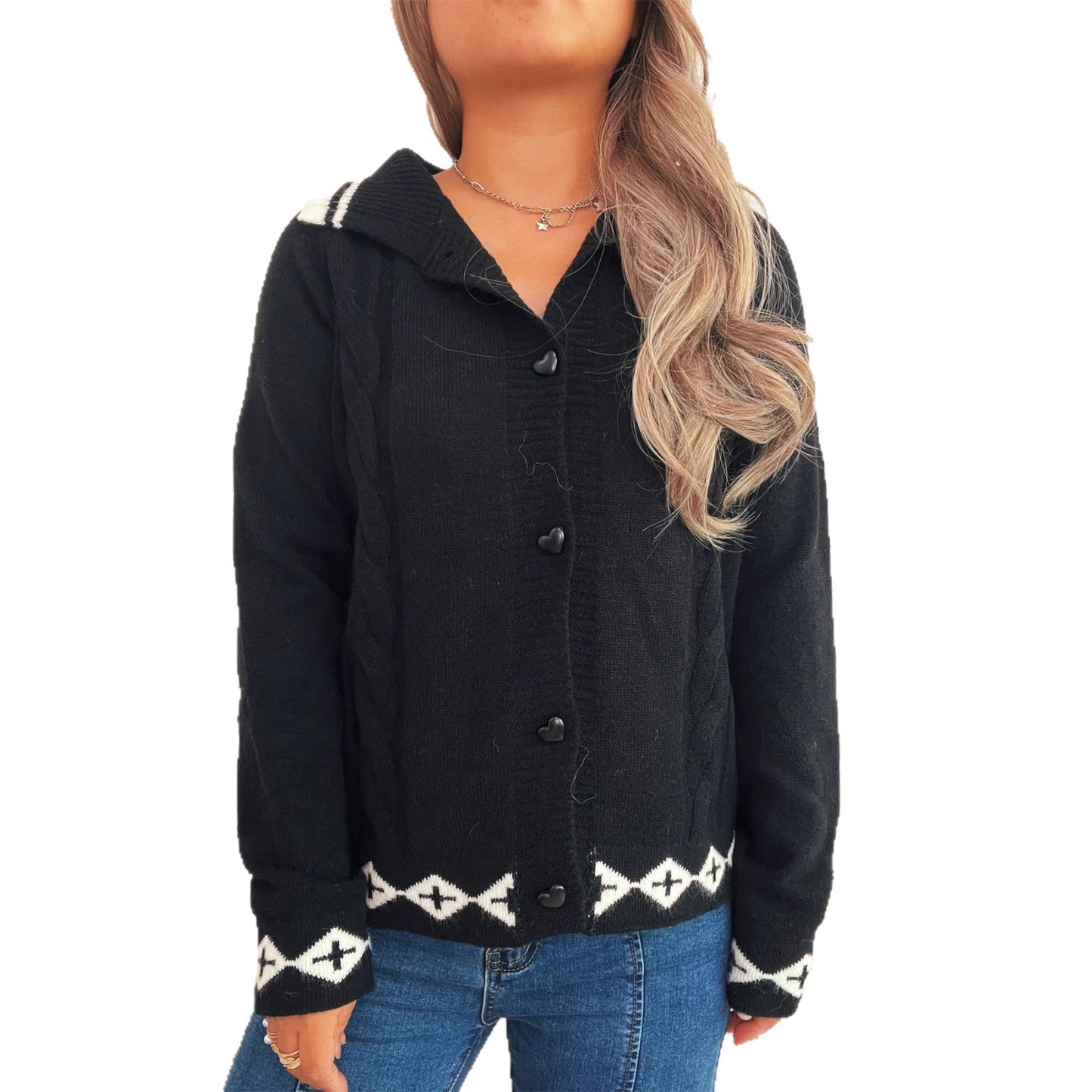 Retro Pattern Cute Love Button Lapel Long Sleeve Sweater
