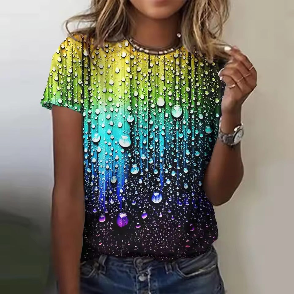 Women's Casual Short-sleeved Round Neck Colorful Water Drop 3D Printed T-shirt