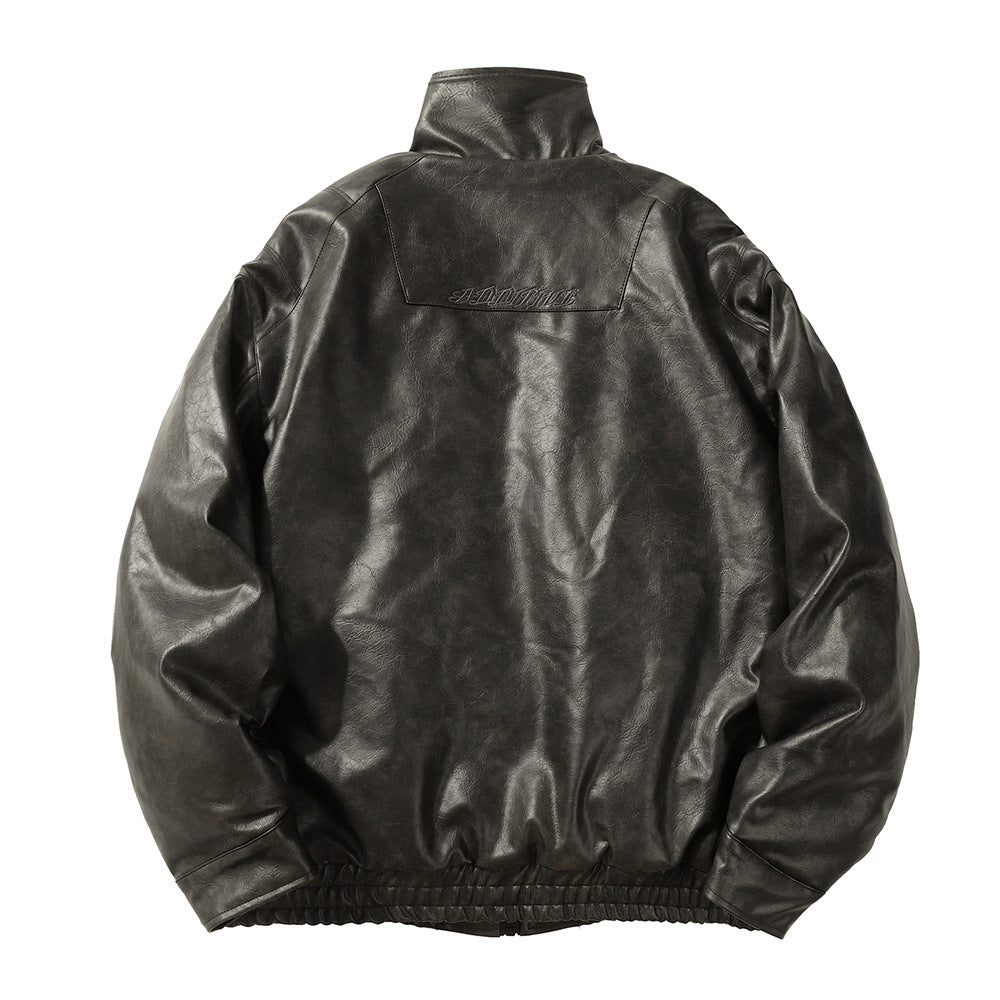 PU Leather Cotton Padded Coat Men's Rock Windproof Winter Stand Collar Loose
