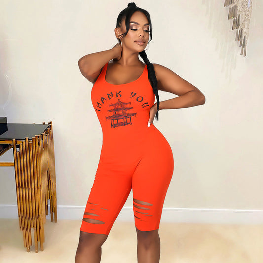 Women's Printed Hollow-out Ripped Jumpsuit