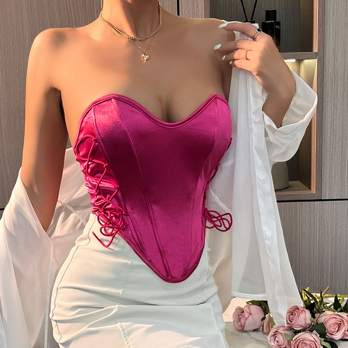 Sexy Chic Lace-up Solid-color Tube Top, Street-style Backless Fishbone Waist Cincher Vest