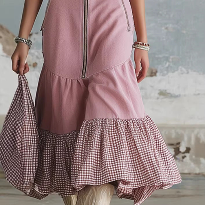 Elegant Early Spring Womens Midi Faux Denim Skirt With Plaid Trim And Short Sleeves