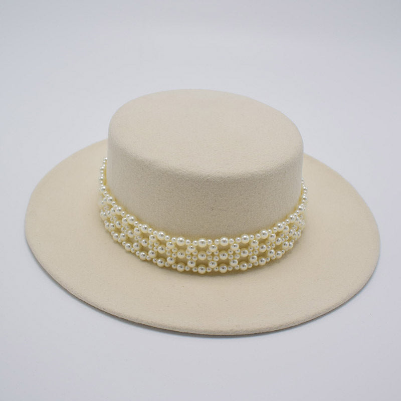 Wide Brim Flat Top Woolen Hat Women's Pearl Chain Felt Cap