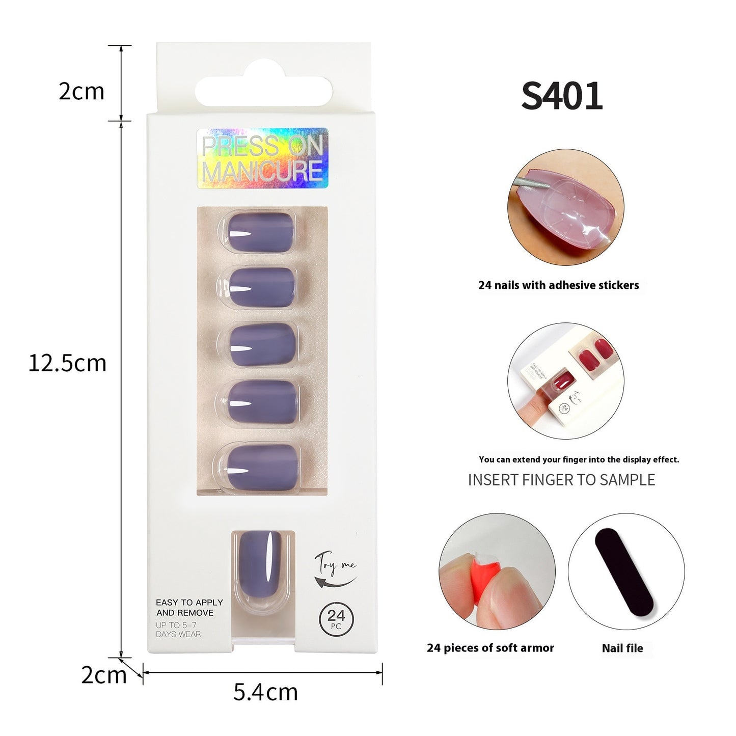 Short Square Head Solid Color Nail Stickers Finished Product 24 Pieces