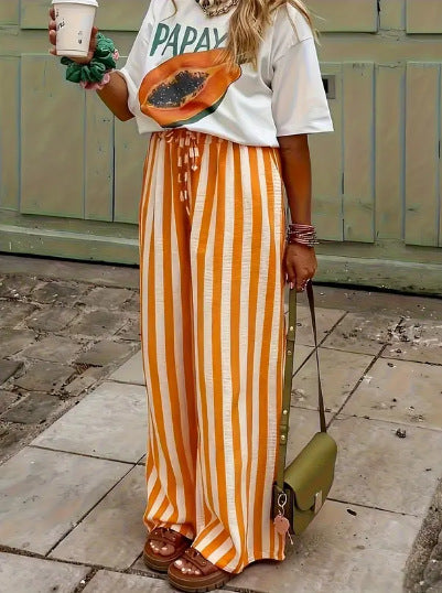 Striped Loose-fit Slimming Casual Wide-leg Floor-length Pants