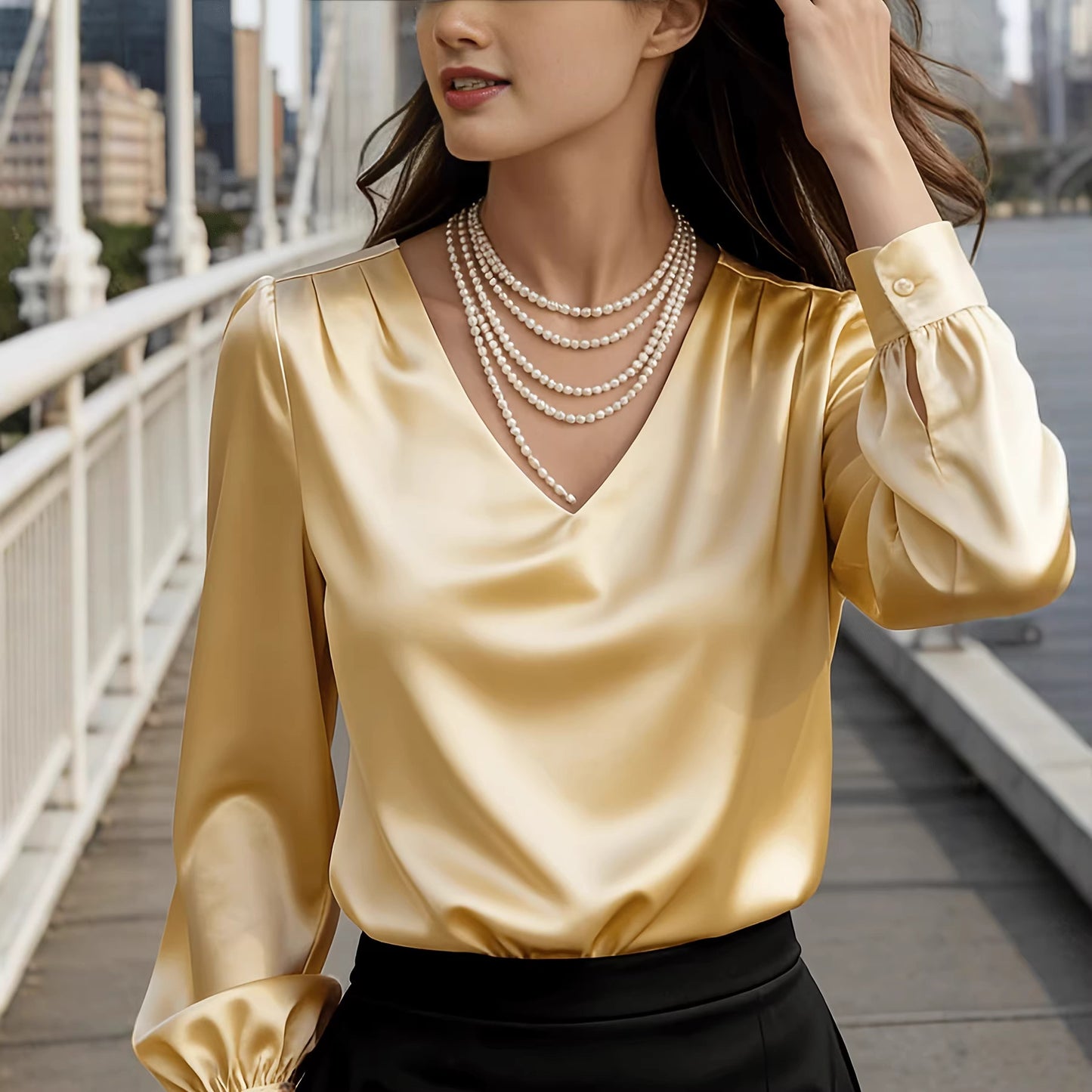 Women's Elegant Solid Color V-neck Long Sleeved Pleated Top With Temperament For Commuting And Loose Fitting Shirt