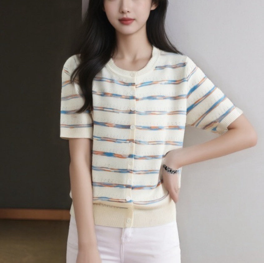 Womens French Chanel-style Striped Ice Silk Knit Top With Short Sleeves