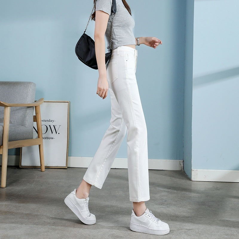 Hvide Jeans Koreansk Stil Højtaljede Stræk Cigaretbukser Små Cropped Straight Bukser