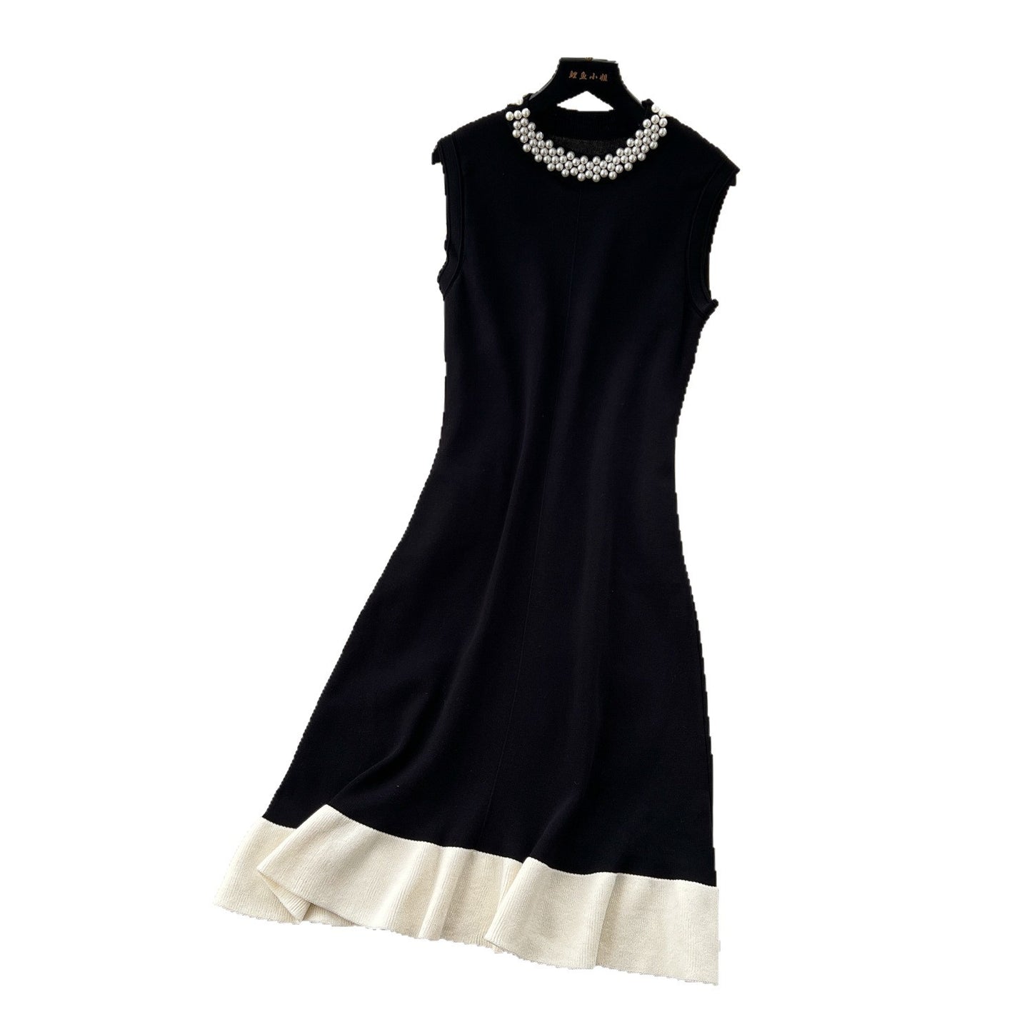 Beaded Crew Neck Sleeveless Flattering Knit Dress For Women In A Color Block Design