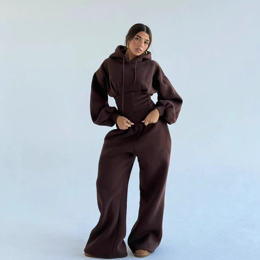 Waist Drawstring Hooded Top And Pants Two-piece Set