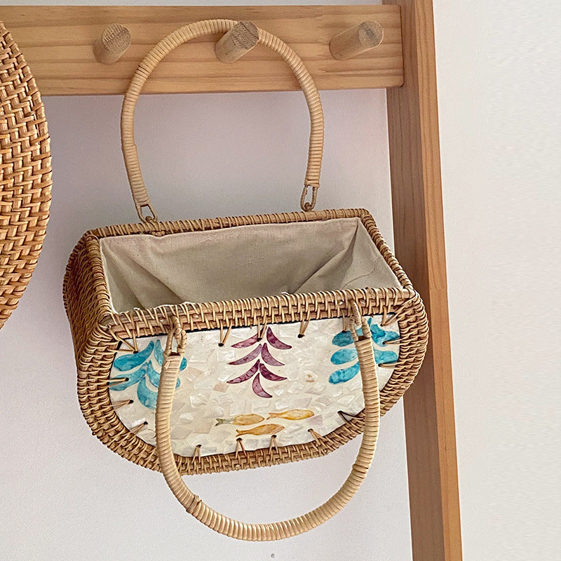 Women's Fashion Handmade Cabas Shell Rattan Storage Picnic Bag