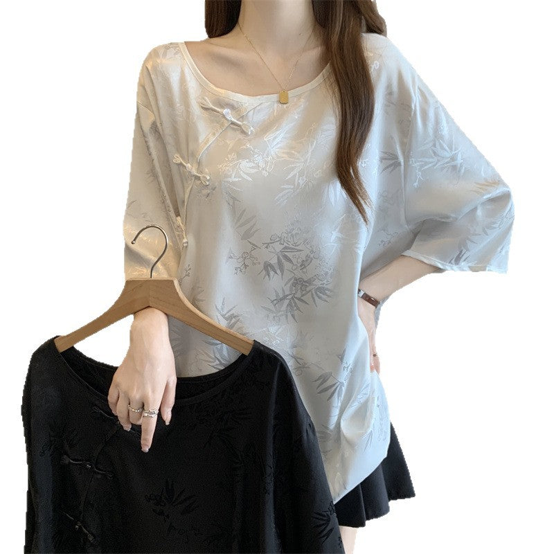 Women's Vintage Jacquard Blouse With Chinese-style Button Closure, New Chinese-style Top