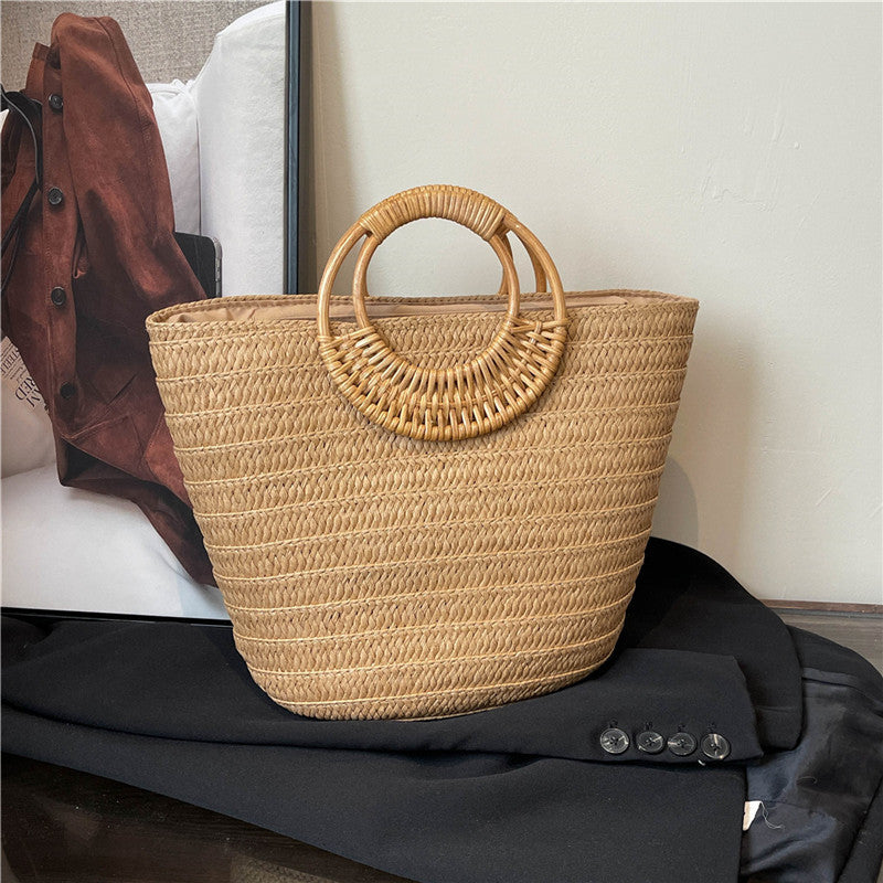 Seaside Ins Style Straw Bag Large Capacity Round Portable