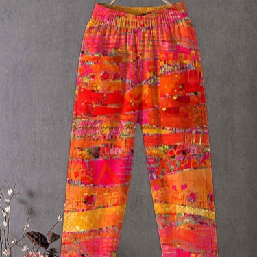 Ethnic-style Paisley Elastic Waist Loose Straight-leg Pants