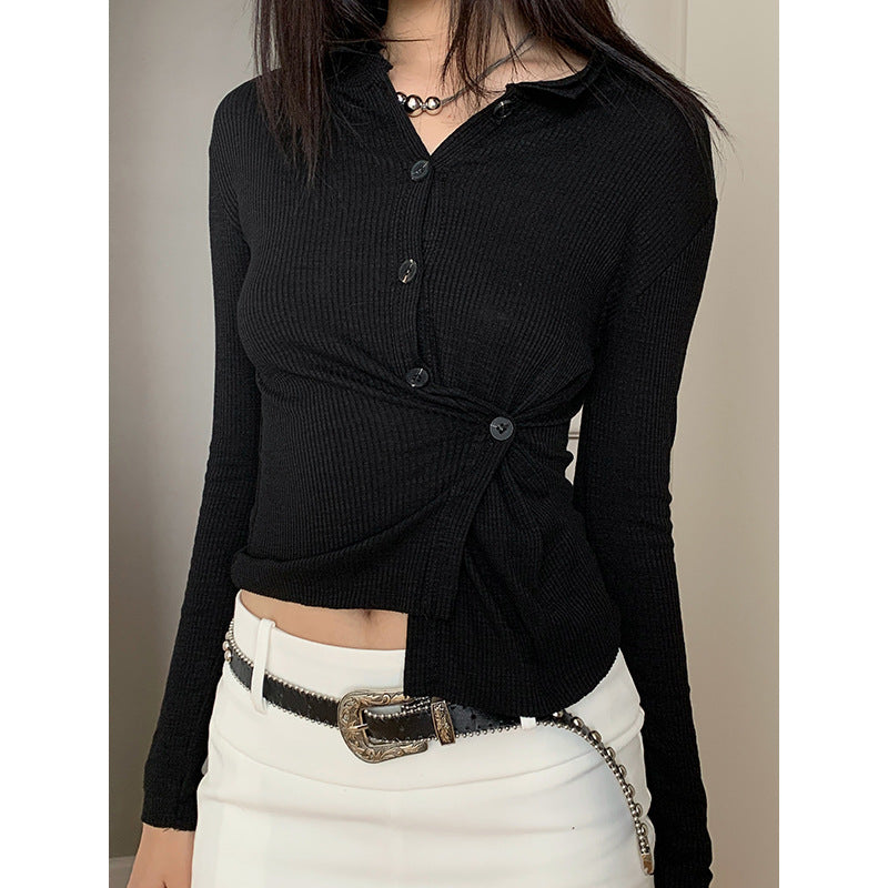 Casual Asymmetrical Button-up Lapel Long-sleeve Top