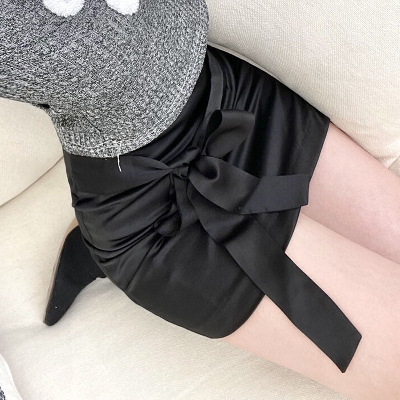 Bow Lace-up Satin Hip Skirt For Women