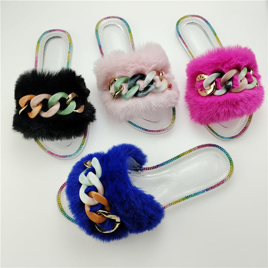 Flat Bottomed Jelly Transparent Large Size Sequined Chain Women's Sandals And Slippers