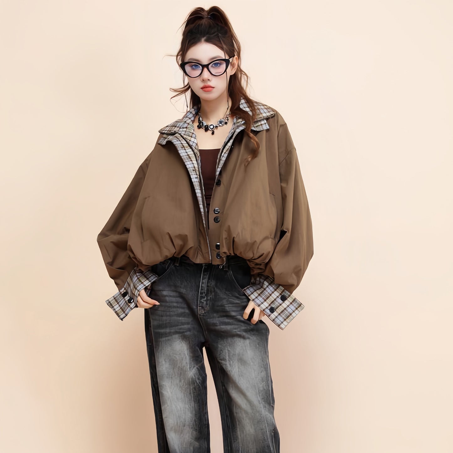 American Contrast Color Brown Double-sided Cotton Retro