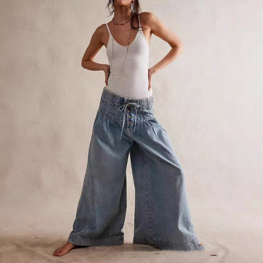 Womens Pleated Mid-Waist Lace-Up Loose Wide-Leg Denim Jeans
