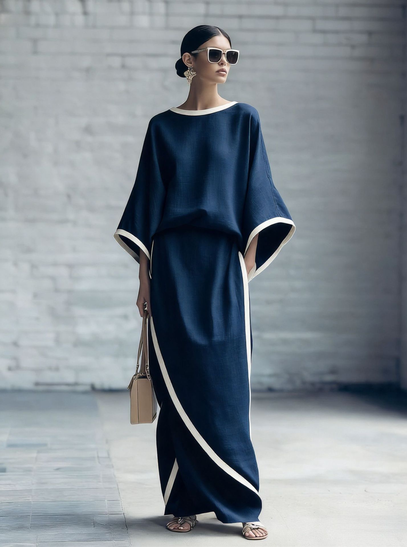 Loose-fitting Womens Batwing-sleeve Robe And Wide-leg Pants Two-piece Set