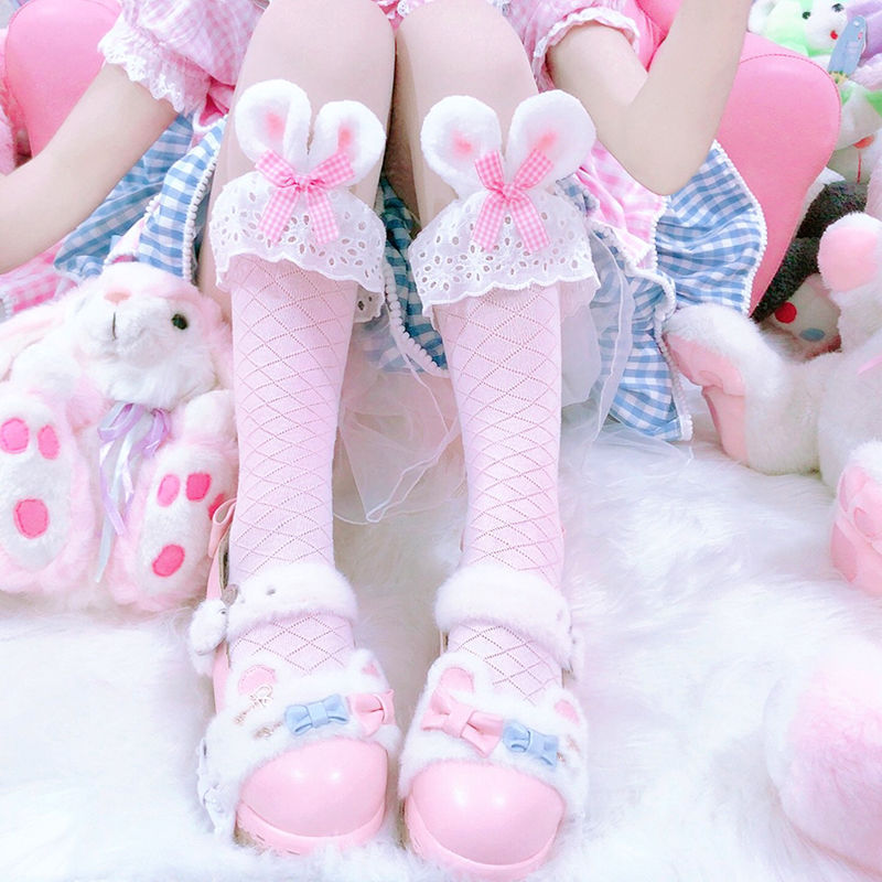 Japanese cute pink Lolita medium short cotton socks