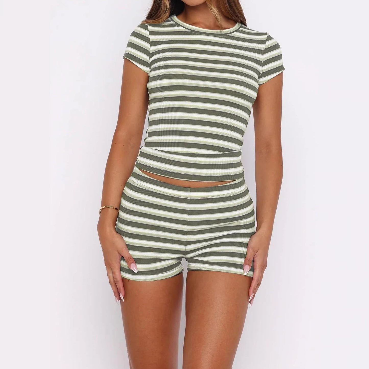 Women's Casual Sports Top And Striped Shorts Set